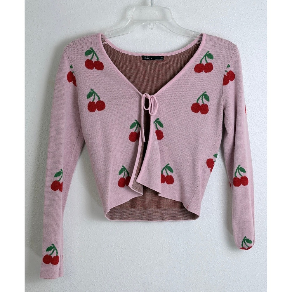 Nikka K Pink Cherry Print Cropped Tie Front Cardigan Coquette Knit XS